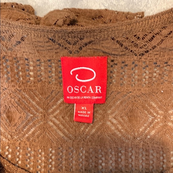 Oscar by Oscar De Larenta Brown Lace mesh Top blouse scoop neck ruffle trim XL - Picture 6 of 8